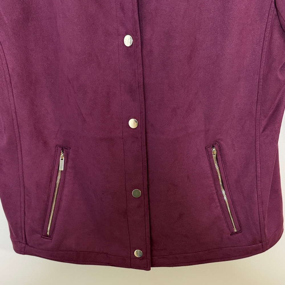 Chico’s Size 3 (XL/1X) Burgundy Moto Jacket Zip Pockets Stretch Blazer Plus - Picture 7 of 12